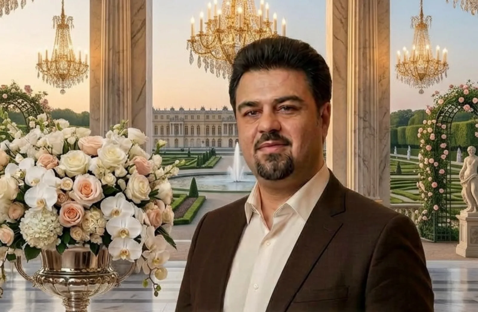 بهمن قطبی، بنیان‌گذار و مدیر تشریفات ثمین، در سالن مراسم با گل‌آرایی و لوستر